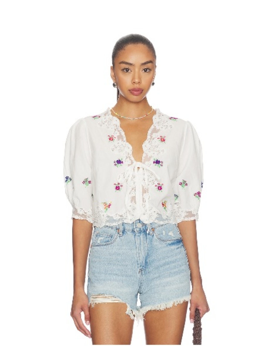 RIXO Ursula Embroidered V-Neck Top in White Size XS